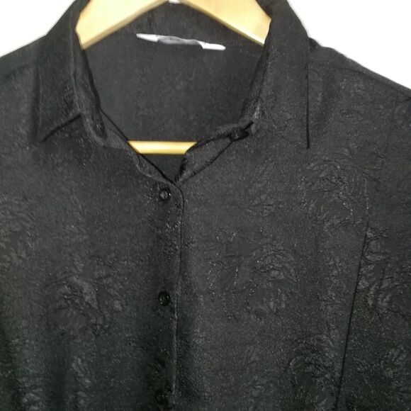 VINTAGE EATON 80 Black Secretary Style Flowy Oversized Button Front Blouse Large - Picture 5 of 14